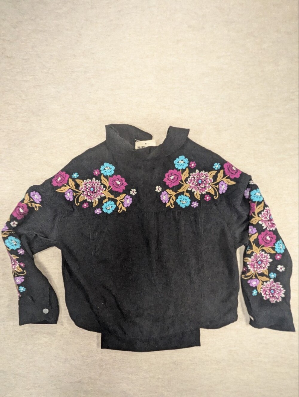 Sincerely Jules Black Corduroy Country Jacket Embroidered Floral Sleeves Back M - Picture 5 of 10